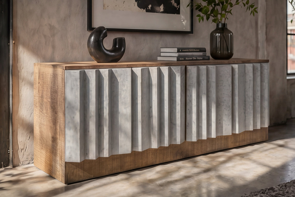 TV-Board ZALVERO 150cm Mangoholz Aluminiumfront natur silber