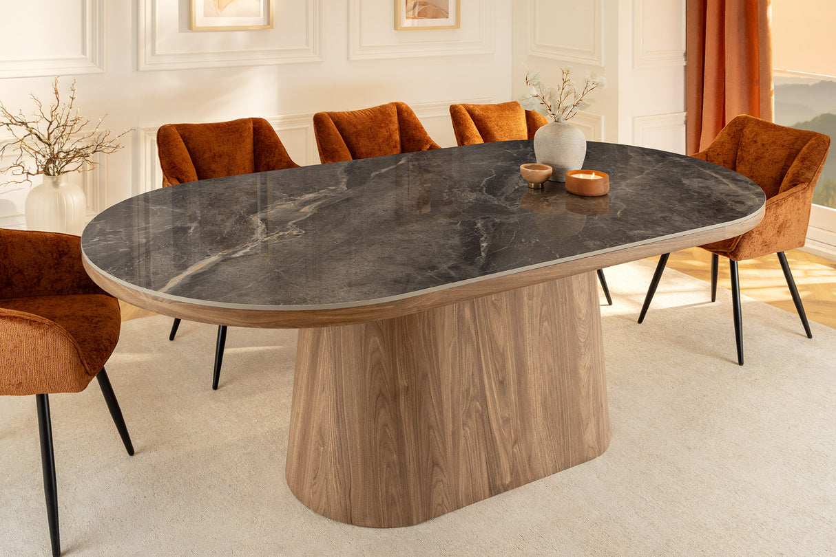Esstisch UNIQUE 200cm ovales Gestell Walnussholz furniert Keramik graue Marmorplatte