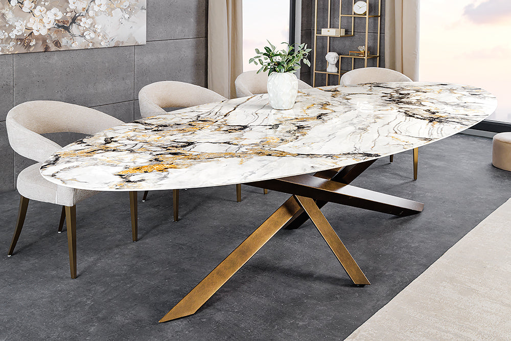 Esstisch SCULPTURE 280cm ovales Bronzegestell mit Keramikplatte mehrfarbige Marmoroptik