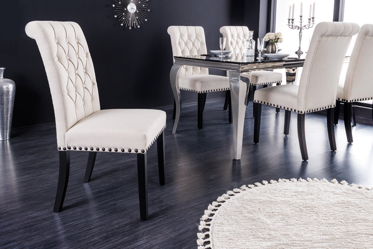 Chair CASTLE black legs textured fabric beige in chesterfield style