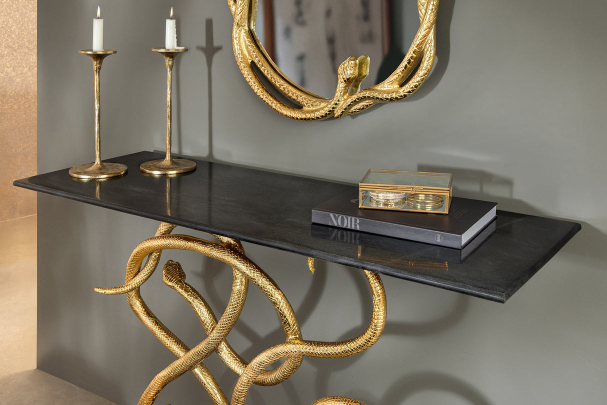 Konsole WILDLIFE SNAKE 115cm goldener Rahmen mit schwarzem Marmorsockel und -platte