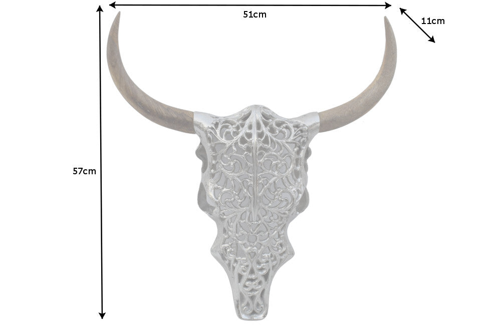 Wanddeko Totenkopf EXOTIC BULL 57cm silber Mangoholz Hörner