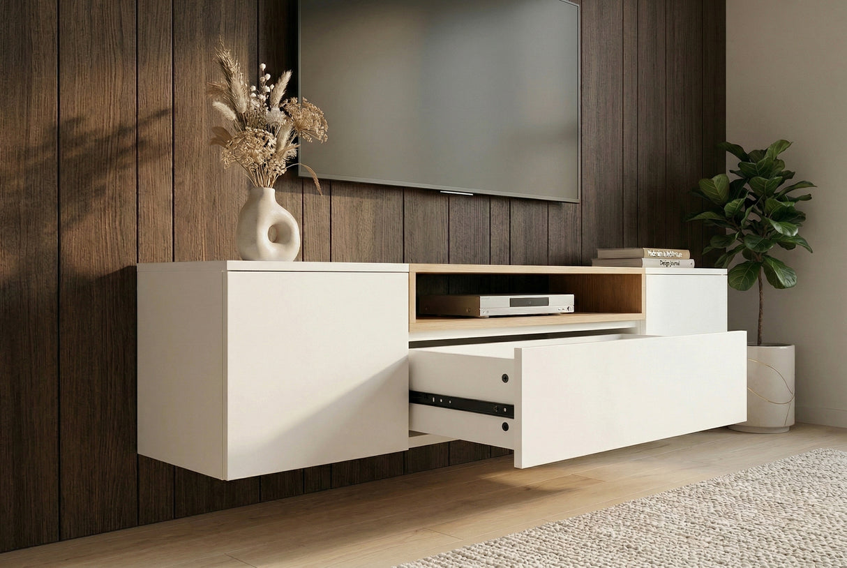 TV-Wand LOFT 160 cm hängend weiß natur