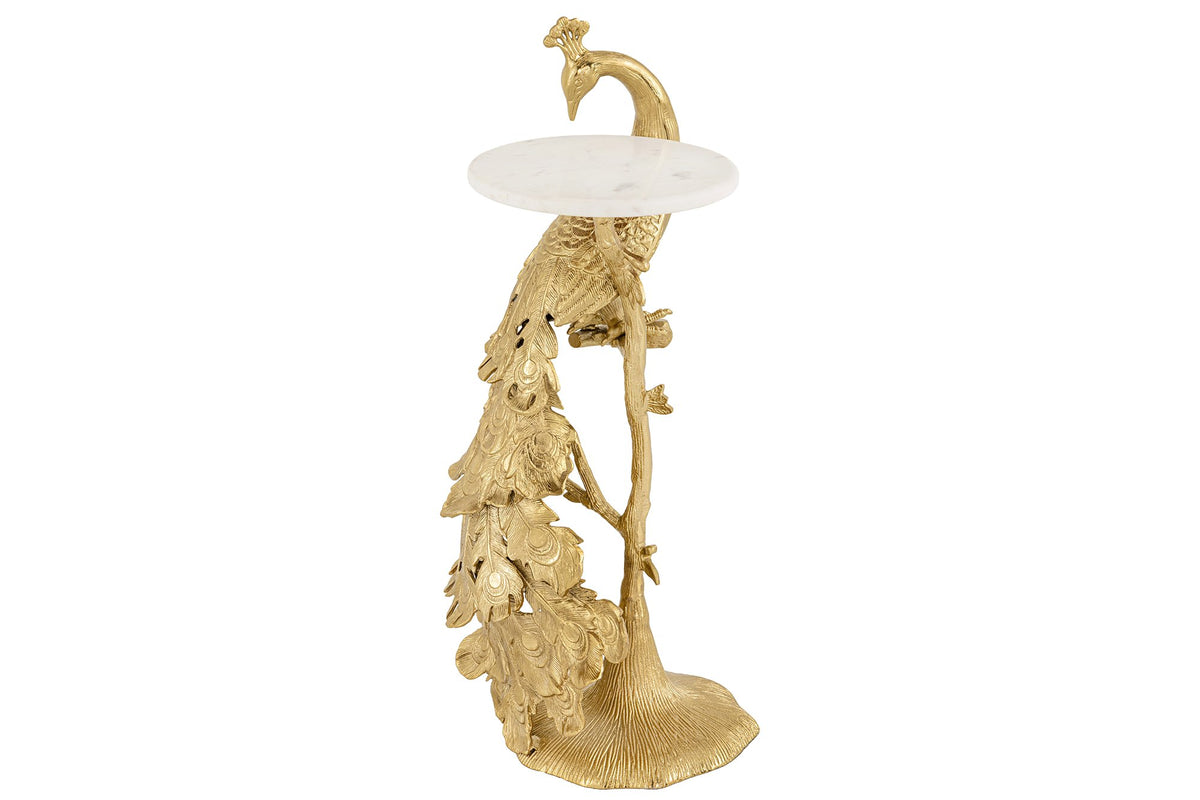Beistelltisch WILDLIFE PEACOCK 75cm Marmorplatte weiß skulpturaler Pfauenfuß gold