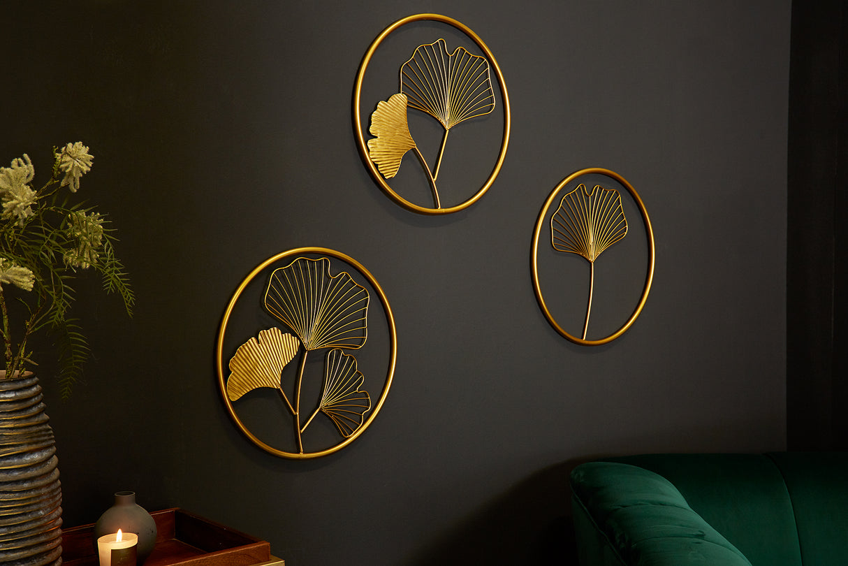 Wanddeko GINKGO 40cm 3er Set gold