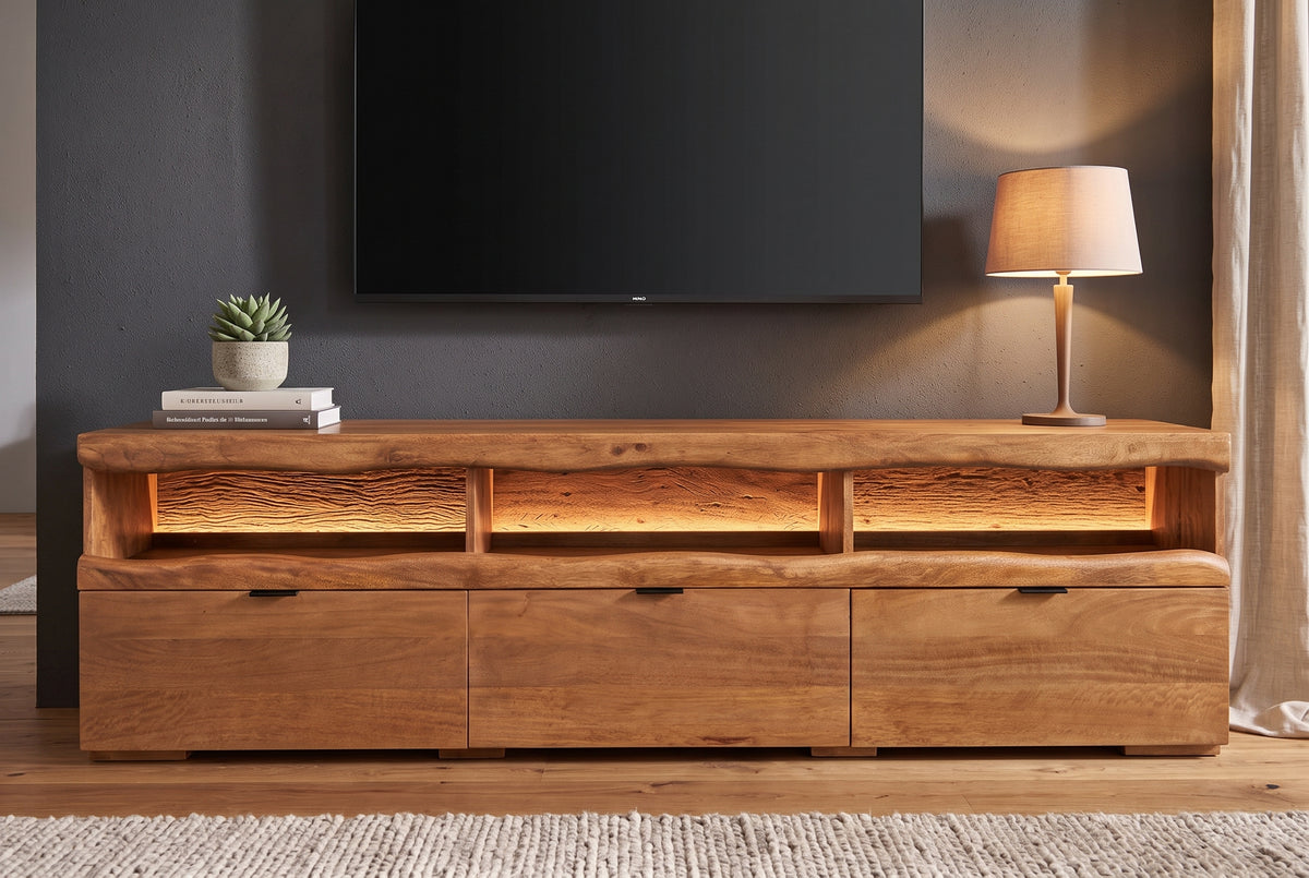 TV-Board GRAND MANGO 180cm mango wood brown w/ remote-controlled LED light