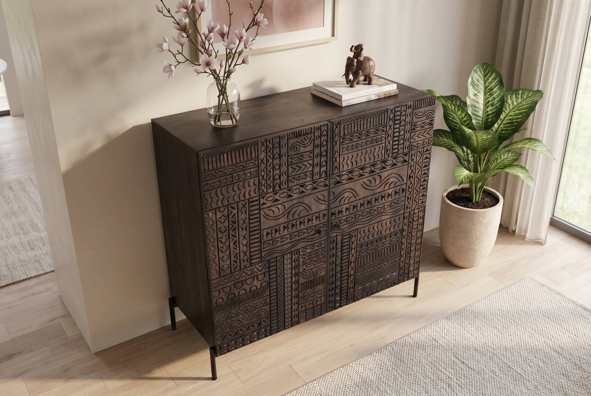 Highboard TRIBAL 120cm 3D antique look mango wood dark brown