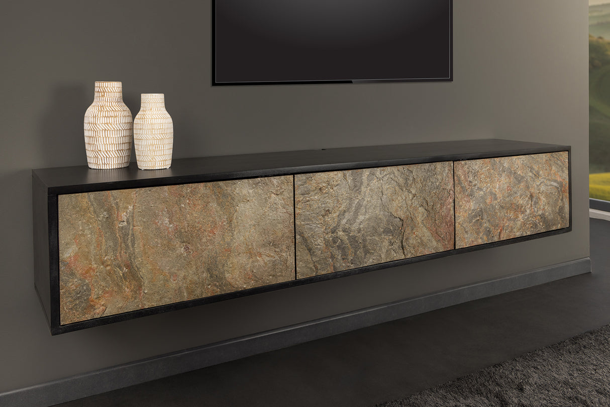 TV Board MOUNTAIN SOUL 160cm hängend Akazie Naturstein Optik schwarz natur