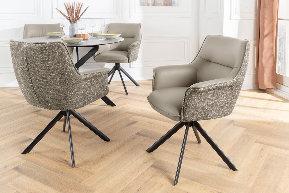 Drehstuhl LE GRAND 180° drehbar mit Armlehnen Strukturstoff und Leder taupe