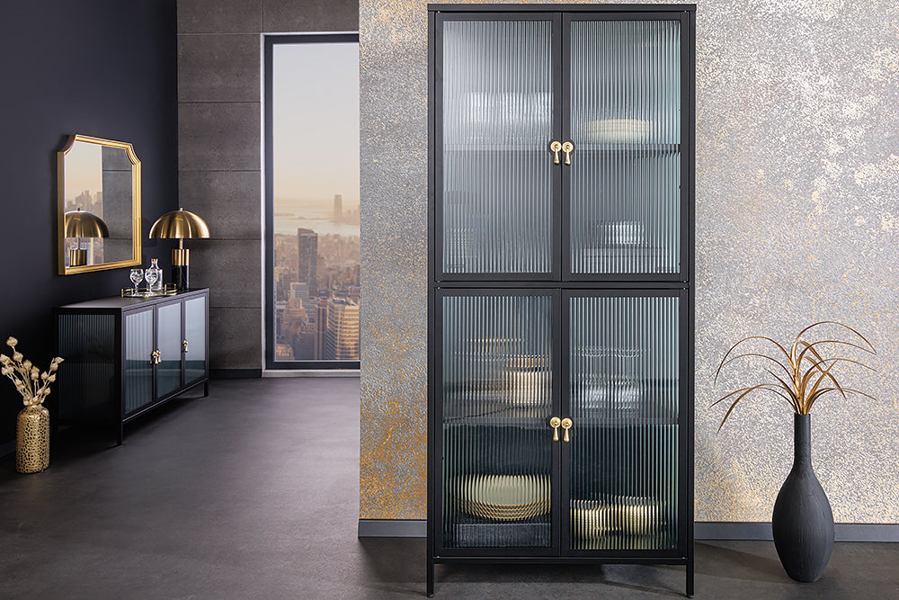 Display cabinet AMSTERDAM 180cm ribbed glass black