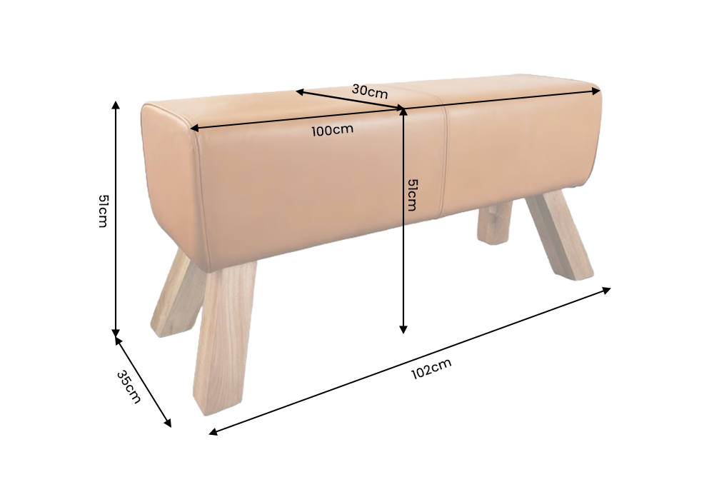 Bench TURNBOCK 100cm upholstered seat mango wood natural genuine leather cognac brown