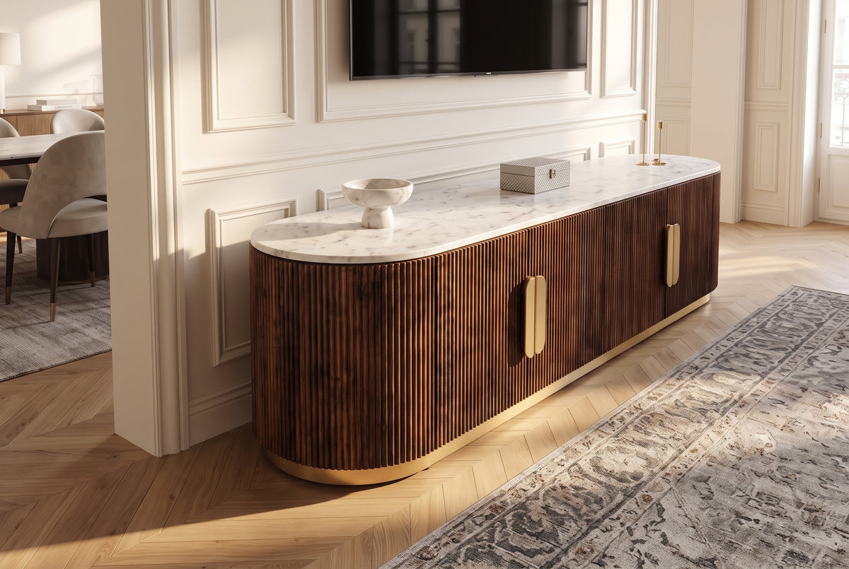 TV-Board GATSBY 170cm Retro Stil Mangoholz Marmorplatte weiß braun gold