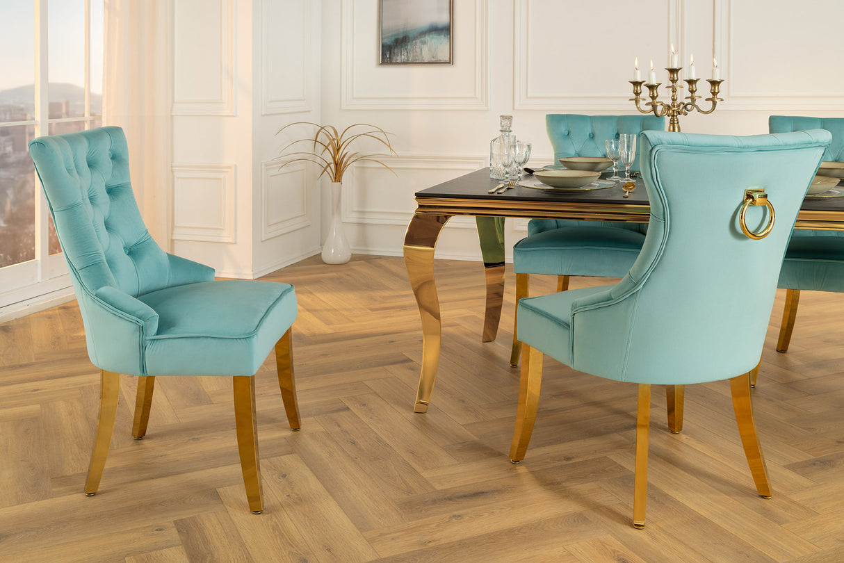 Stuhl CASTLE mit Komfortgriff samt blau goldenen Beinen im Chesterfield Stil