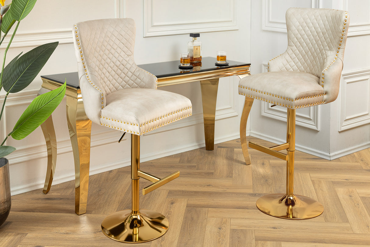 Bar stool CASTLE height adjustable w/ lion´s head handle velvet beige golden legs in baroque style