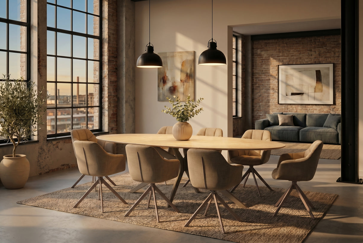 Dining table TRAVERTIN 220cm oval ceramic champagne greige