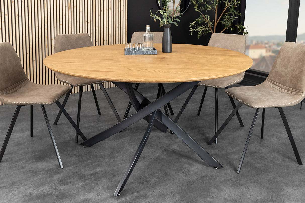 Dining table HELIX 120cm round natural wild oak wood look w/ black metal frame
