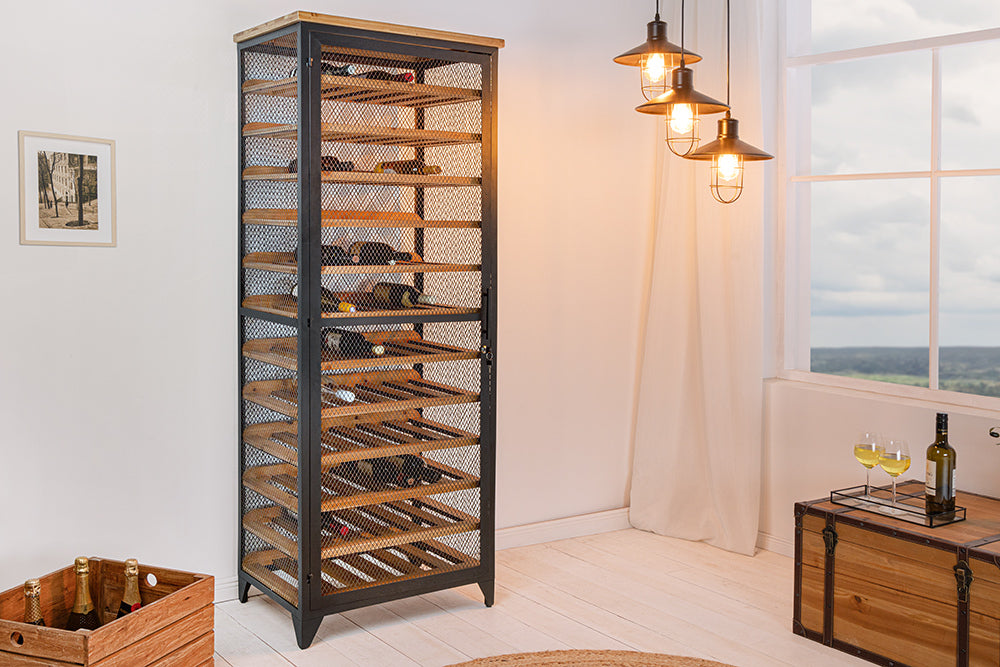 Weinschrank BODEGA 185cm Tannenholz natur mit schwarzem Metallrahmen