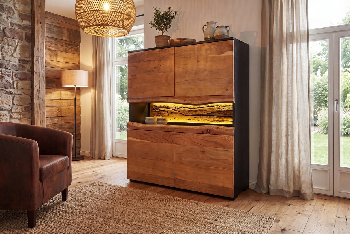 Highboard GRAND ACACIA 120cm Akazienholz Naturkante m. fernbedienbarer LED-Beleuchtung