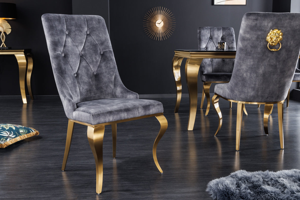 Stuhl MODERN BAROCK mit goldenen Beinen und Löwenkopf Samt Grau