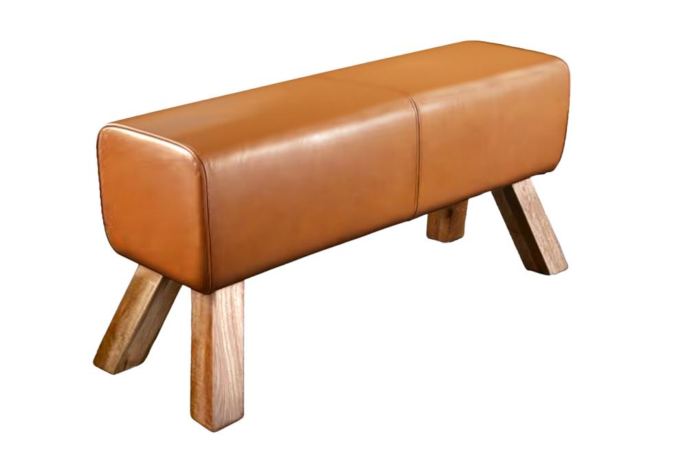 Bench TURNBOCK 100cm upholstered seat mango wood natural genuine leather cognac brown