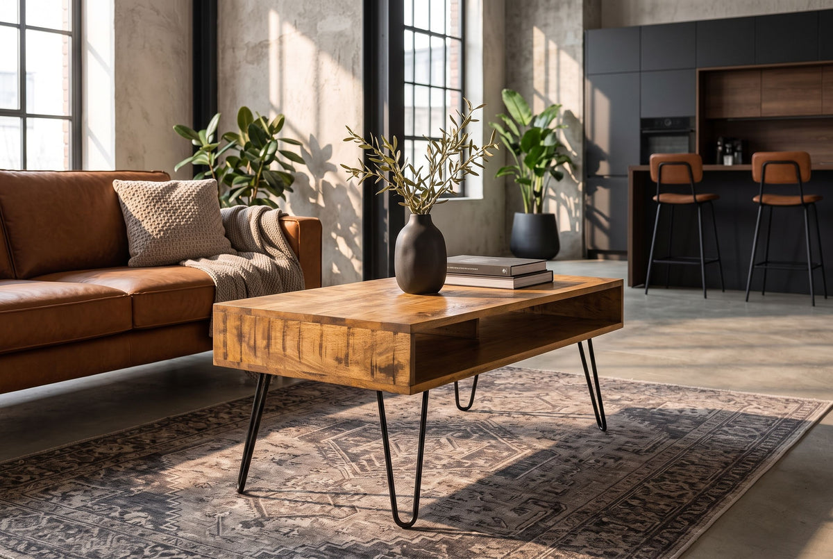 Couchtisch SCORPION 100 cm mit offenen Staufächern Mangoholz natur Haarnadelbeine