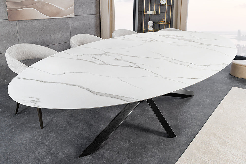 Dining table SCULPTURE 280cm oval frame black w/ ceramic top white marble look
