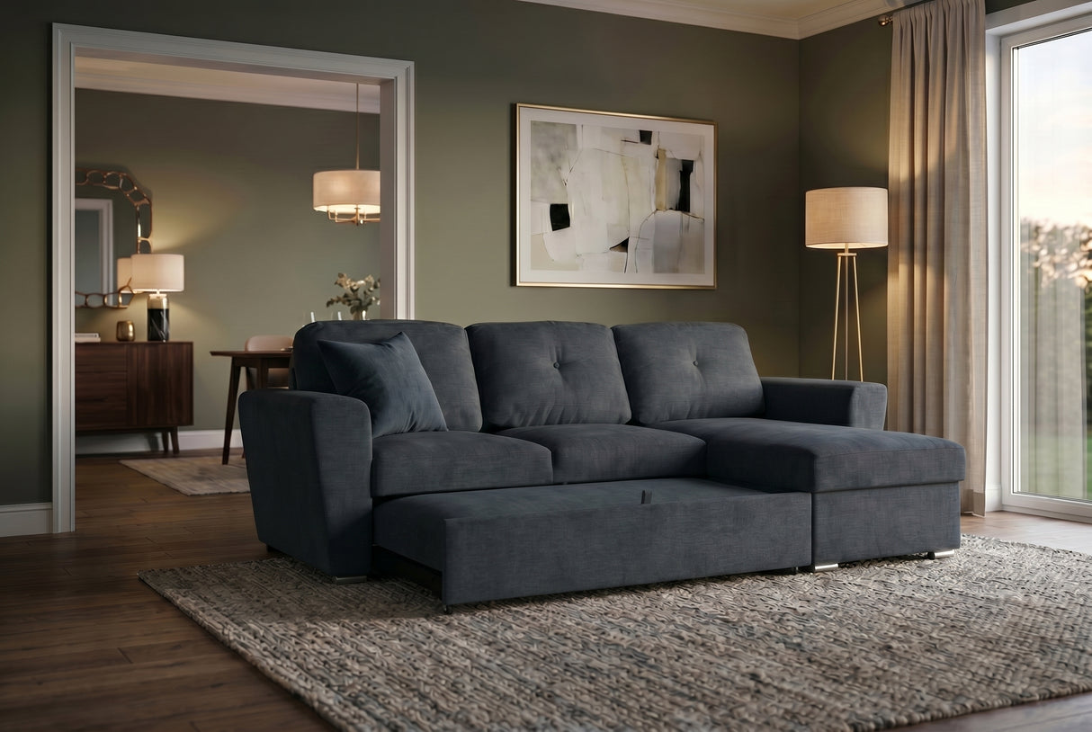 Schlafsofa APARTMENT 245cm 3-Sitzer mit Ottomane und Stauraum Strukturstoff grau