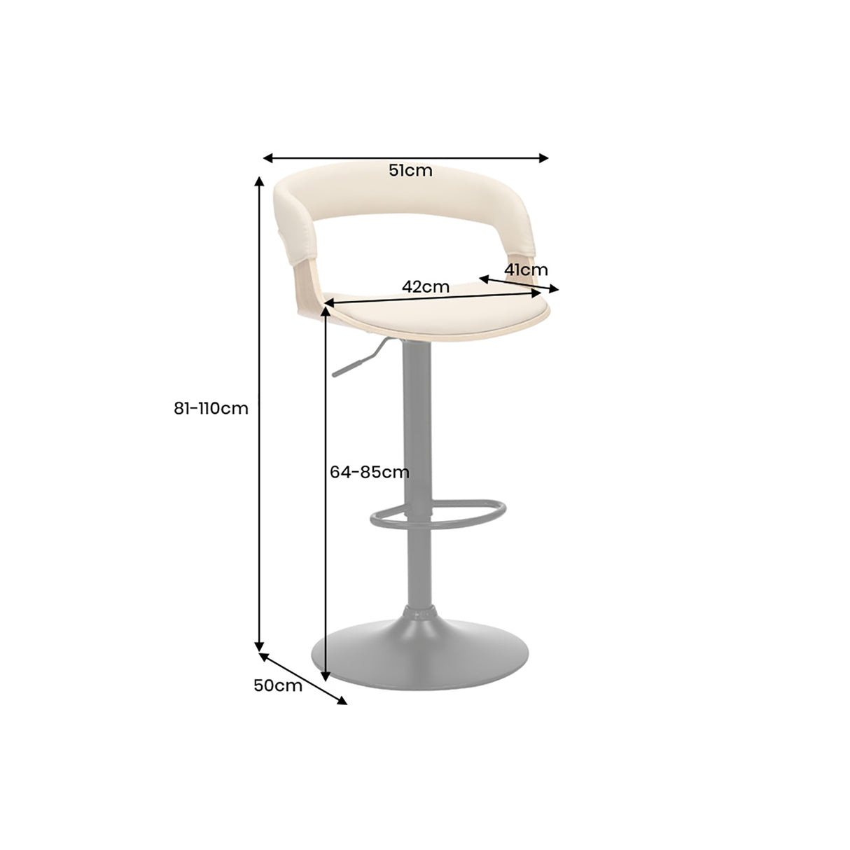 Bar stool MANHATTAN 81-110cm rotatable artificial leather creamy beige and oak wood look