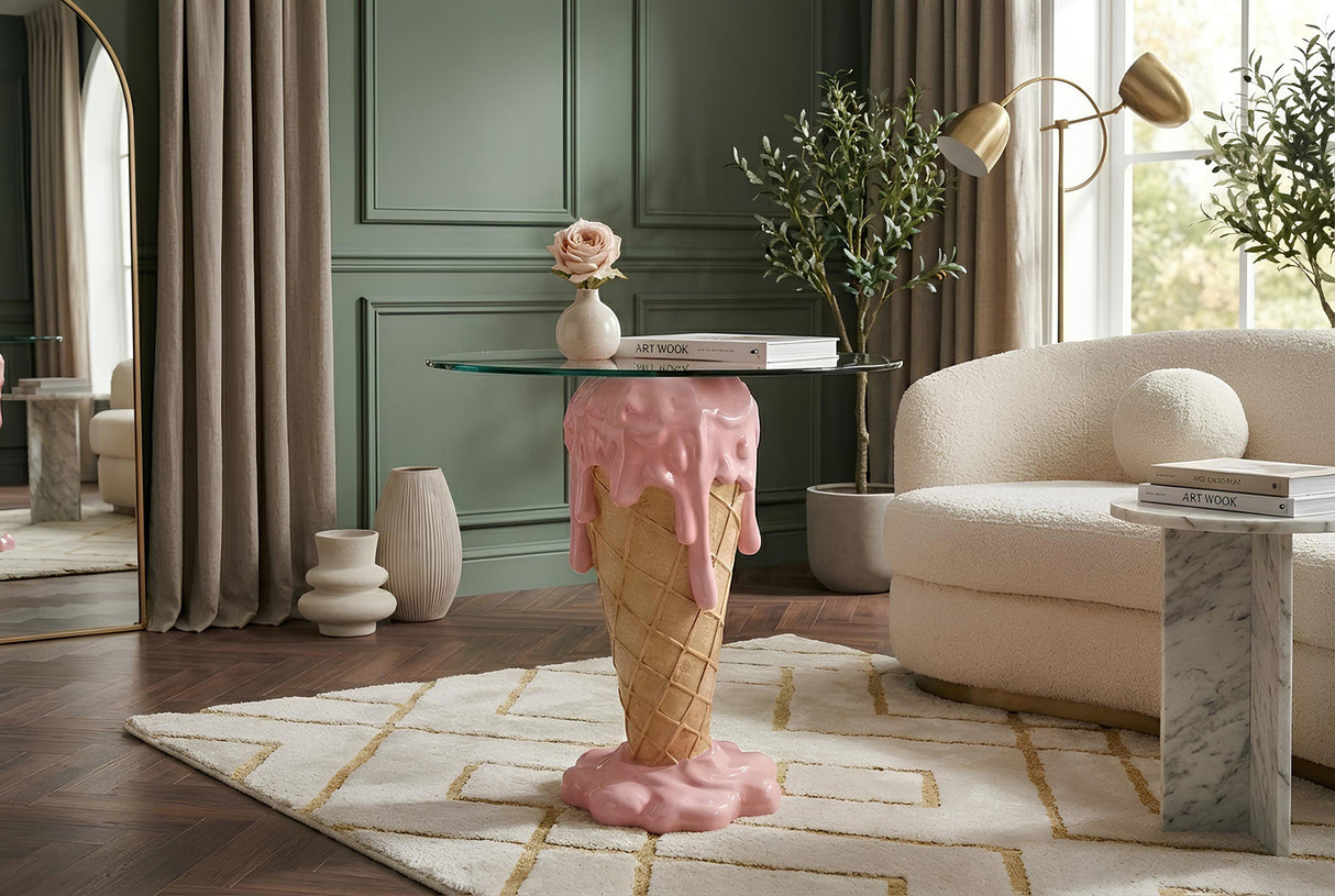 Coffee table ICE CREAM 50cm w/ tempered glass pink beige