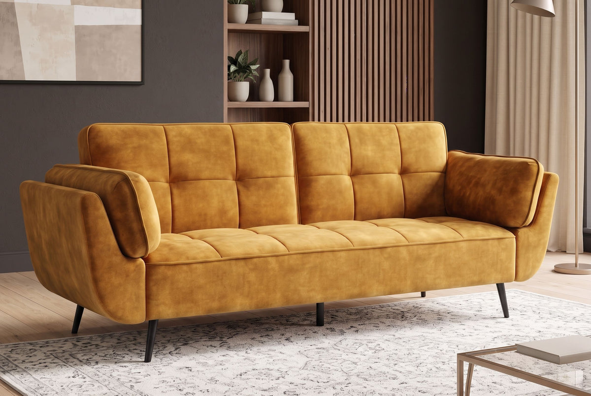 Sofa bed BOUTIQUE 215cm 3-seater w/ armrest cushions square quilting vogue velvet mustard yellow