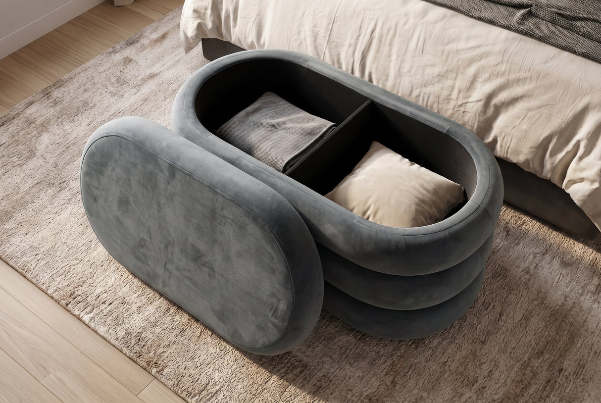 Bench chest VOGUE 85cm oval upholstered w/ storage space velvet grey