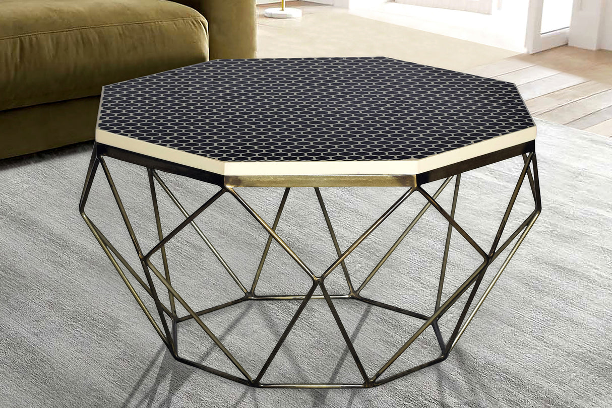 Couchtisch DIAMANT 70cm Gestell Eisen Messing mit Tischplatte schwarz weiß