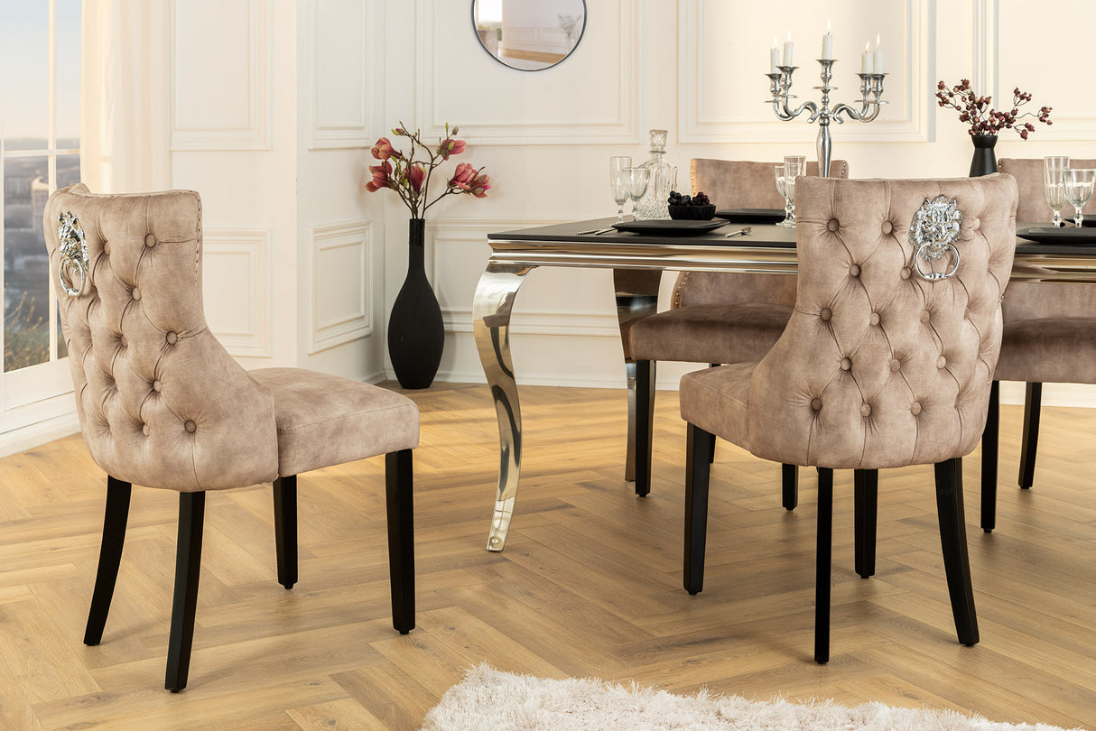 Chair CASTLE DELUXE w/ lion´s head handle velvet beige legs black in chesterfield style