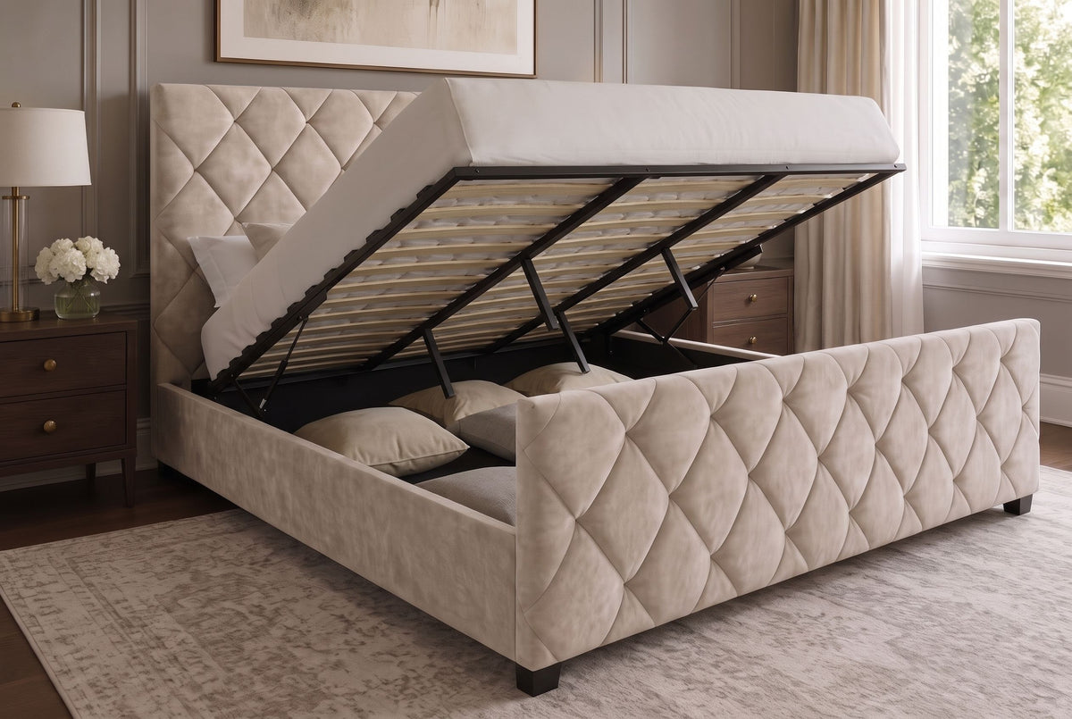 Bett ELYSIUM 180x200cm mit Stauraum und Lattenrost Samt Champagner Beige