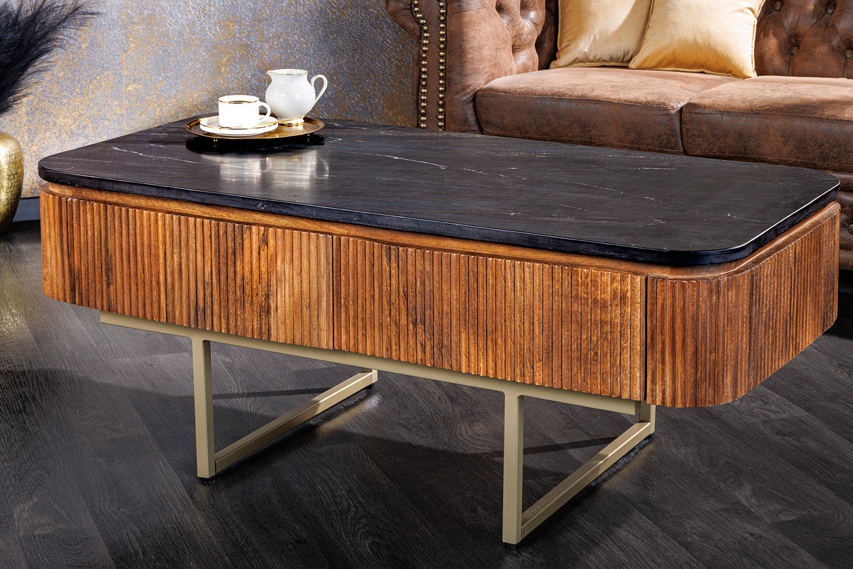 Coffee table GATSBY 110cm retro style mango wood gold marble top black