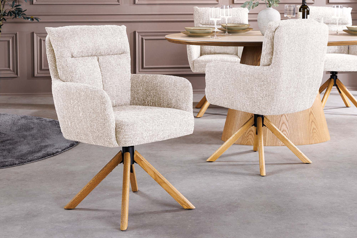 Swivel chair BIG GEORGE 360° auto return textured fabric champagne greige w/ oak wood frame