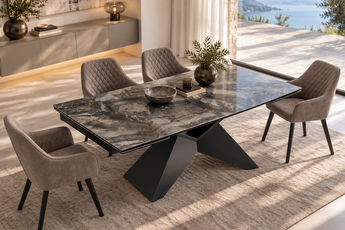 Dining table DIAMOND 180-260cm extendable ceramic taupe w/ geometric black iron base