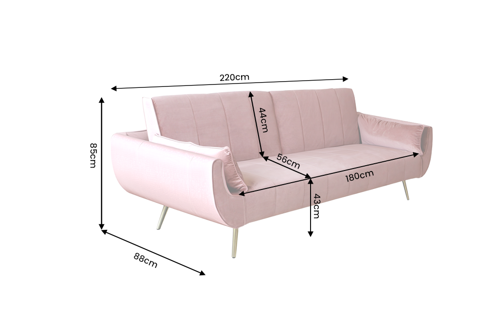 Schlafsofa DIVANI 220cm mit Armlehnenkissen Samt altrosa Metallfüße gold