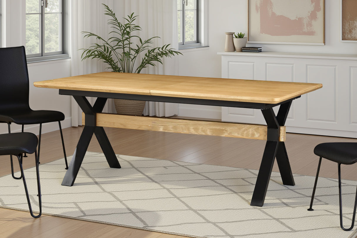 Dining table GIANT 180-300cm extendable natural oak wood look w/ black metal frame
