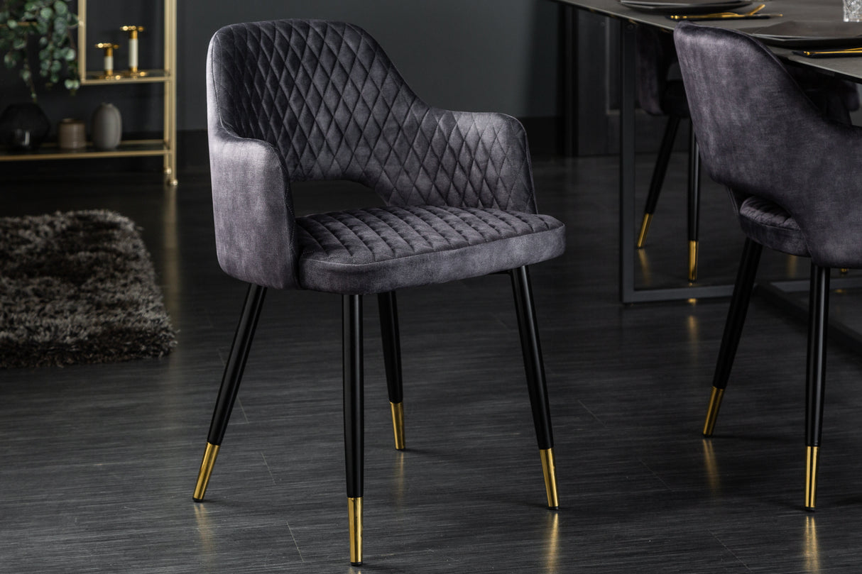 Chair PARIS w/ armrests velvet with decorative quilting grey