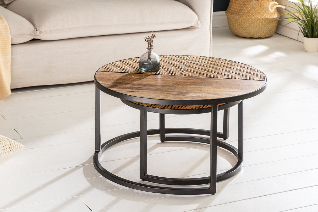 Coffee table VIENNA LOUNGE round set of 2 mango and rattan