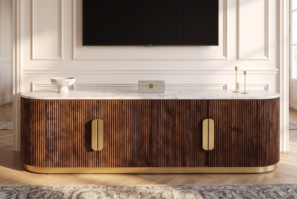 TV-Board GATSBY 170cm Retro Stil Mangoholz Marmorplatte weiß braun gold