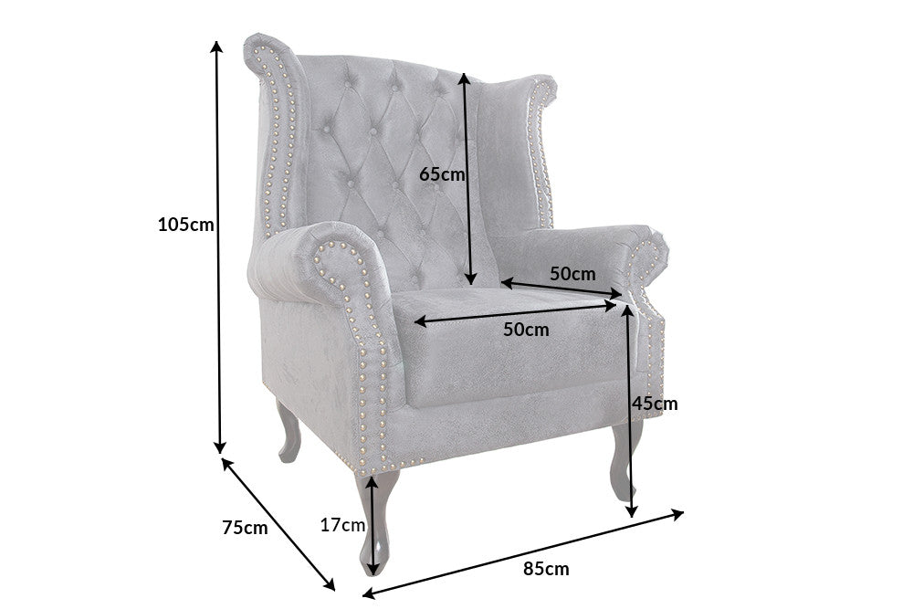 Wing chair CHESTERFIELD antique look microfibre grey