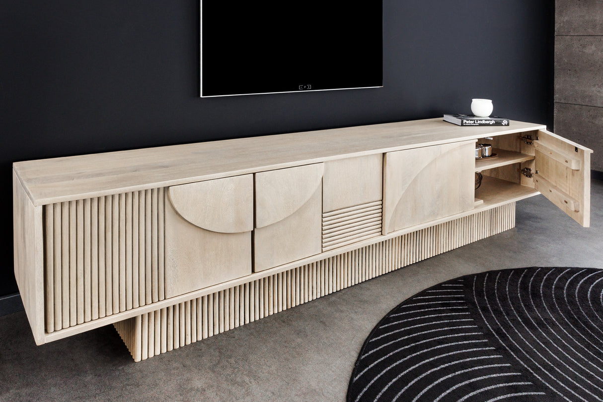 TV Board ART DECO 200cm 3D mango wood whitewashed