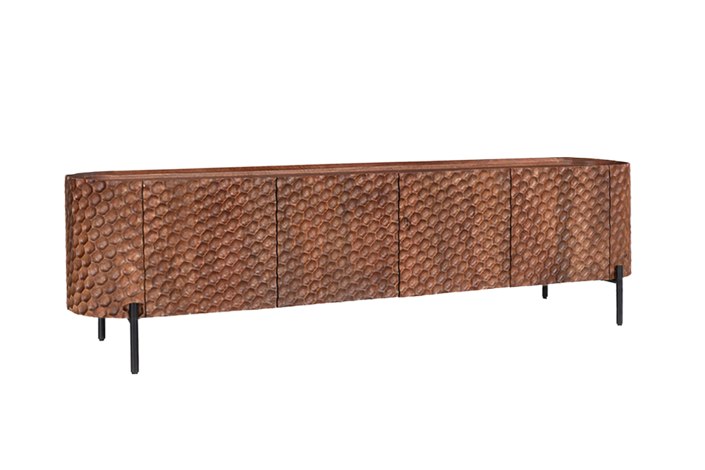 TV-Board ADLON 200cm 3D massives Mangoholz braun mit schwarzem Gestell