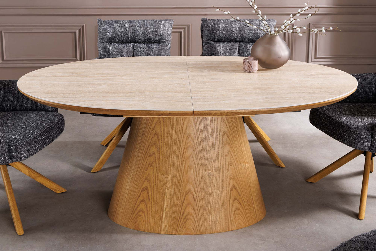 Dining table UNIQUE 160-200cm extendable oak wood look ceramic top travertine