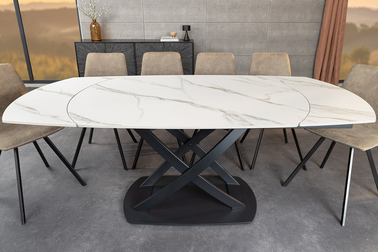 Dining table INCEPTION 130-190cm extendable oval ceramic top white marble look