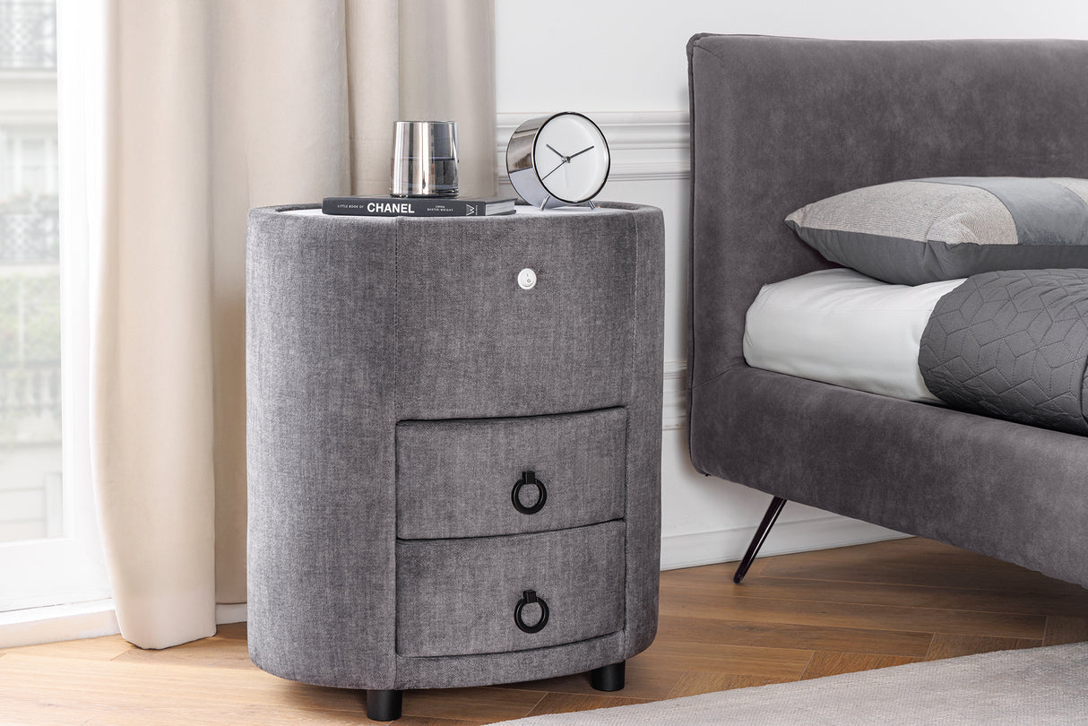 Bedside table SIGNUM oval w/ LED light 55cm velvet grey