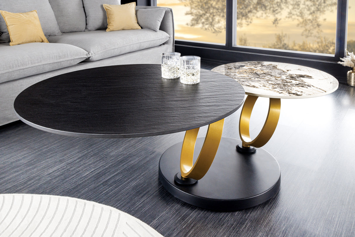 Coffee table DANCING RINGS 80-135cm rotatable ceramic black and natural stone look
