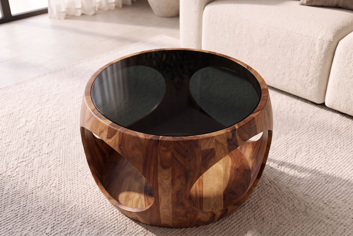 Couchtisch ORGANIC LOOP 60cm rund m. Stauraum Schwarz Rauchglas Sheeshamholz Braun